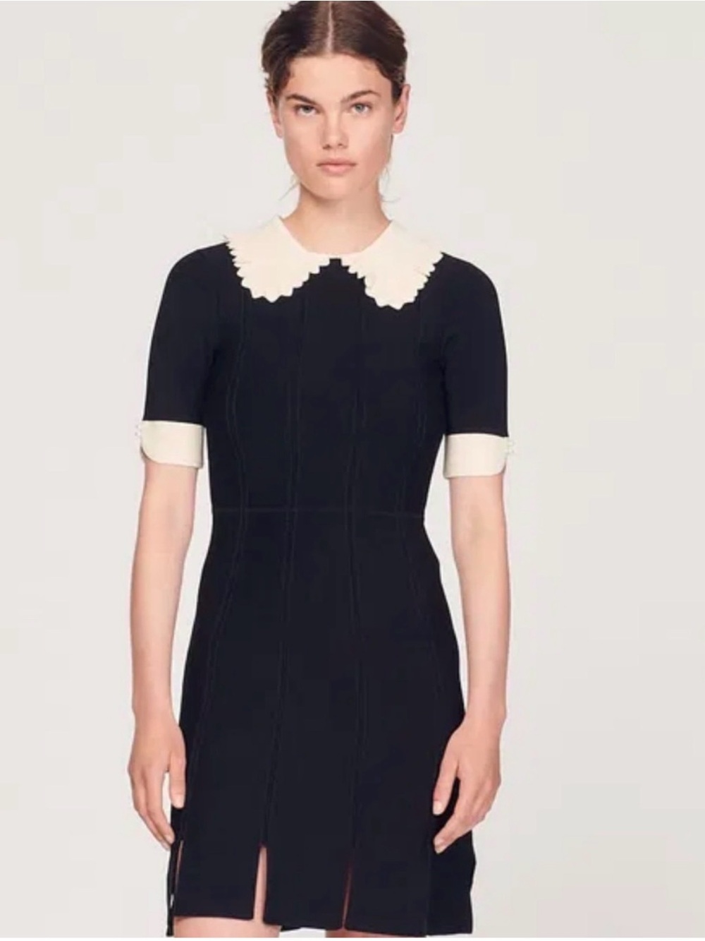 SANDRO Black Dress with Cream Scalloped Collar - Women